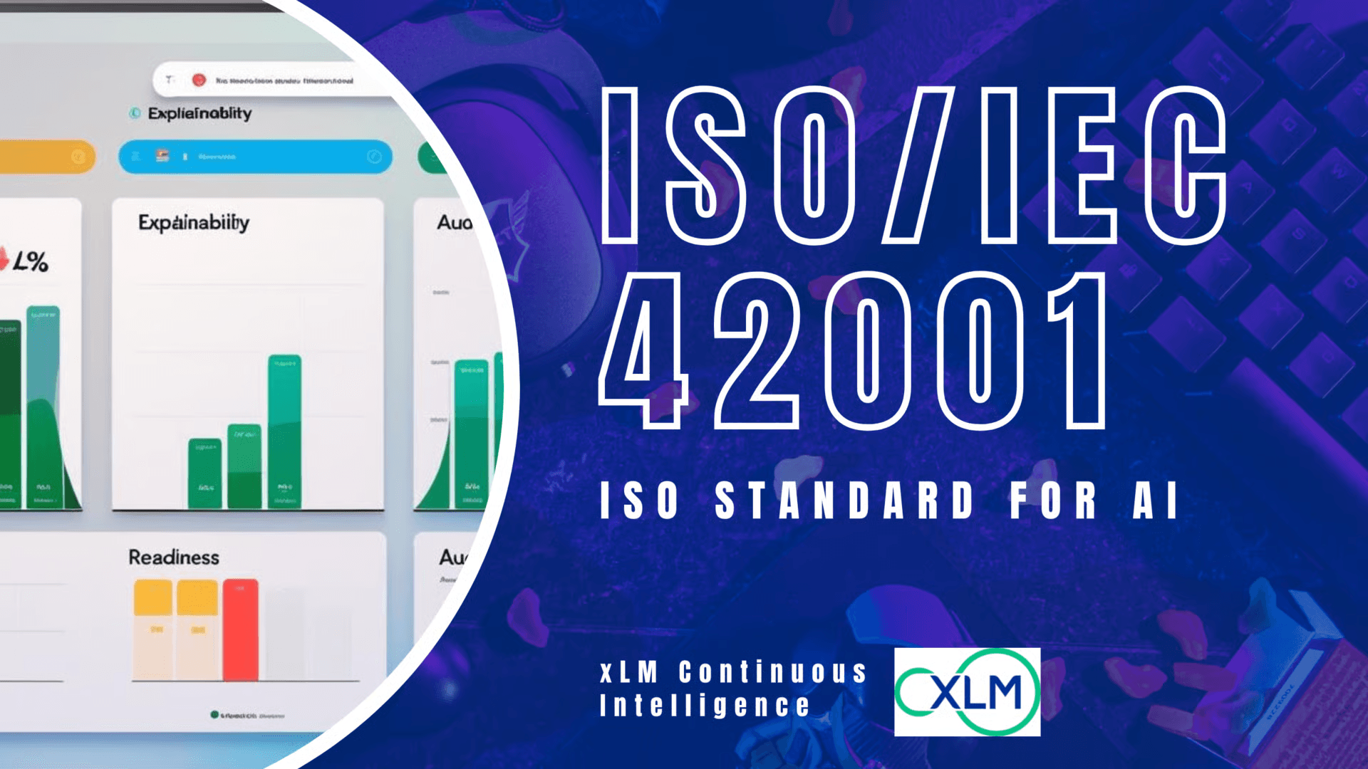 ISO/IEC 42001 AI governance dashboard showing explainability, readiness, and audit metrics by xLM