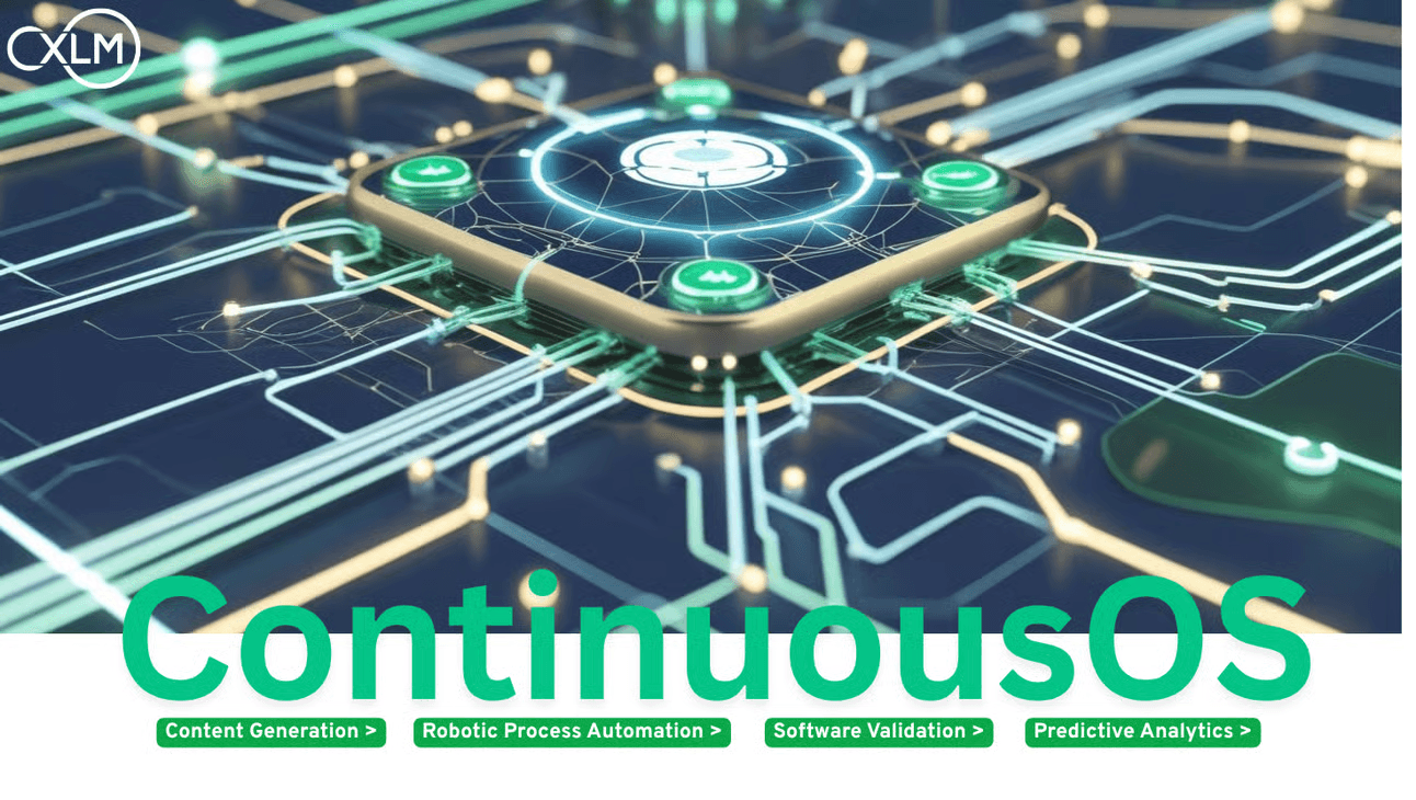 ContinuousOS graphic illustrating intelligent automation for content, RPA, validation, analytics.