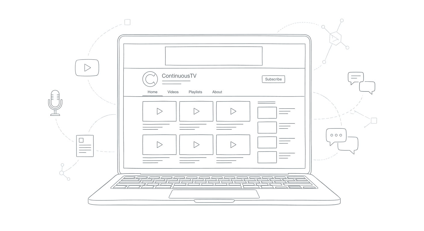 Wireframe of a video streaming platform interface on a laptop with content and communication icons
