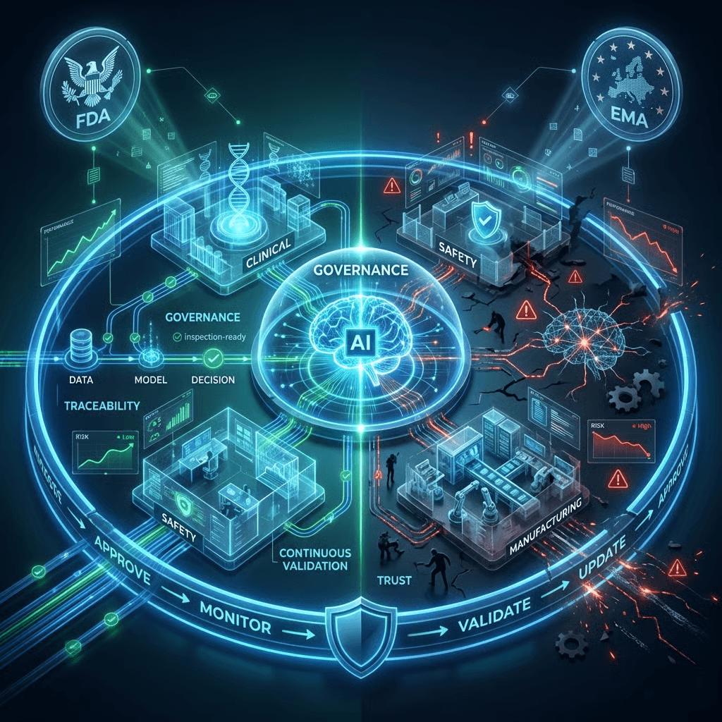 AI governance in pharma showing FDA and EMA oversight, traceability, validation, and continuous compliance in GxP workflows