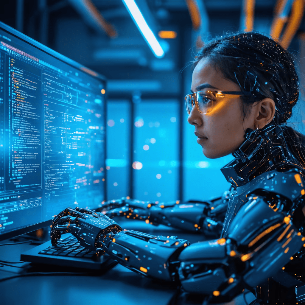 Cybernetic engineer coding in futuristic lab with AI systems, supporting xLM continuous GxP validation.
