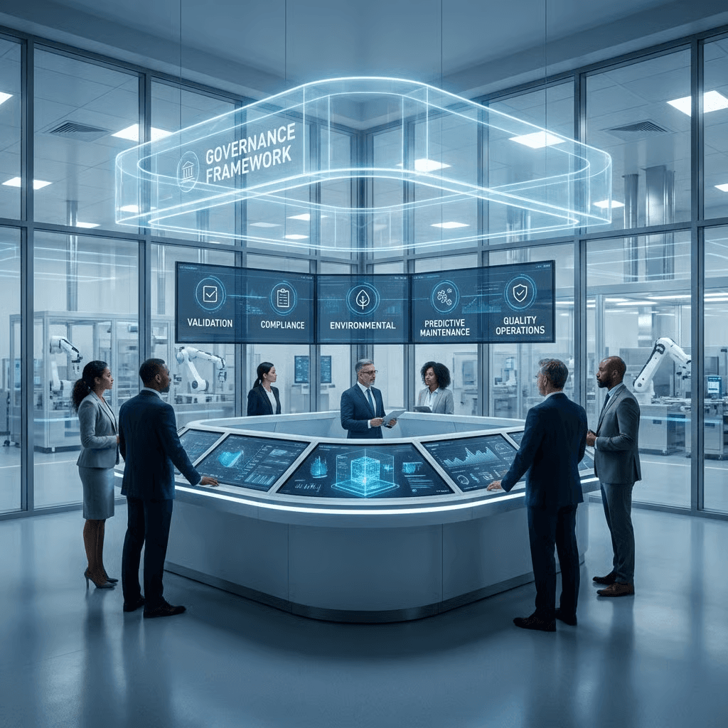AI governance framework supporting continuous validation, compliance, and quality operations in GxP manufacturing.